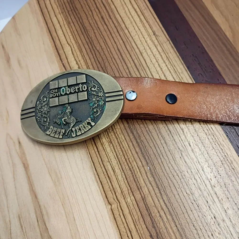 Oh Boy! Oberto Beef Jerky Belt Brass Buckle Eagle Tooled Leather Belt Size 40